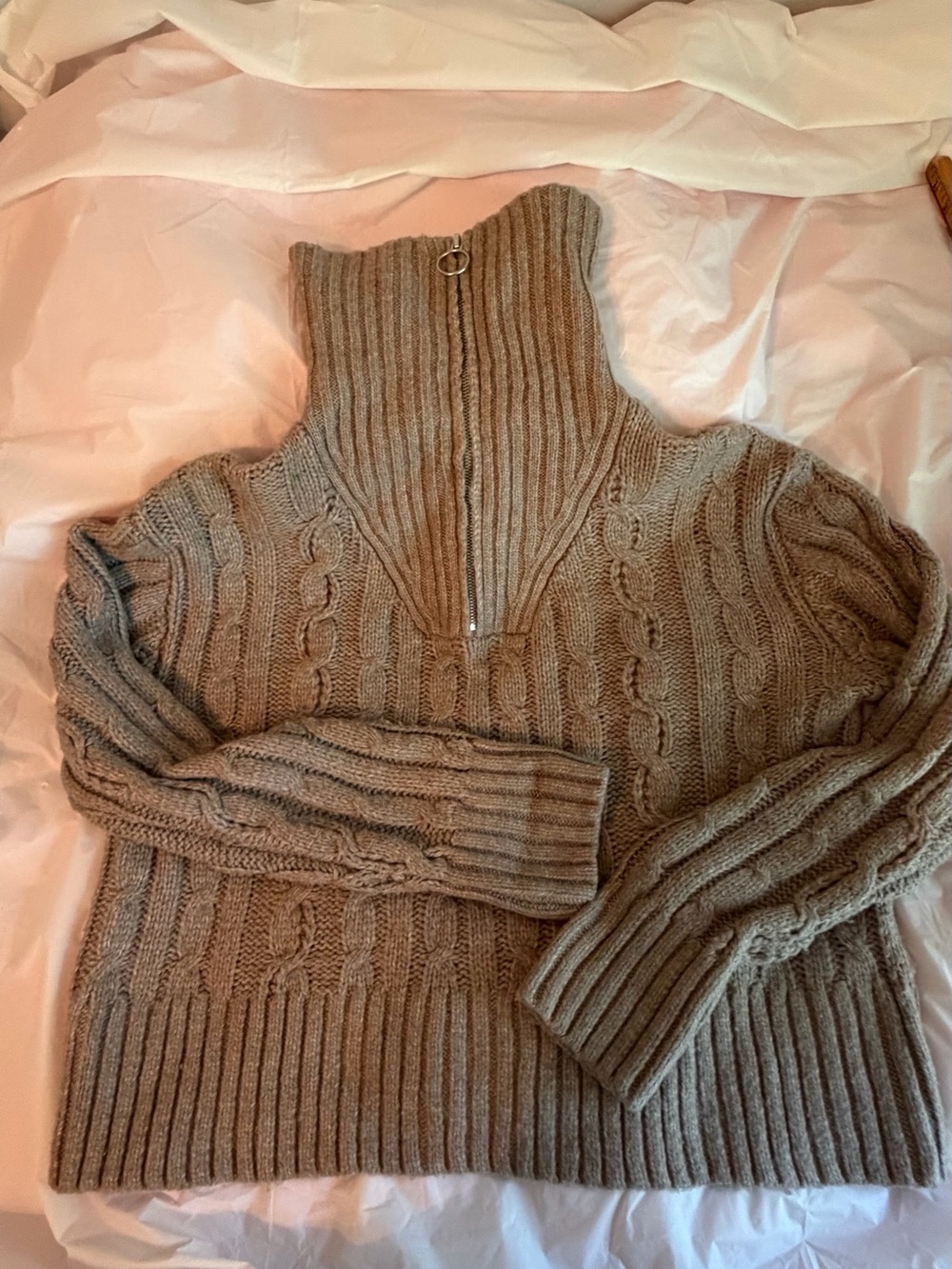 Chunky Cable Knit Half-Zip warm Turtleneck Sweater Taupe women M